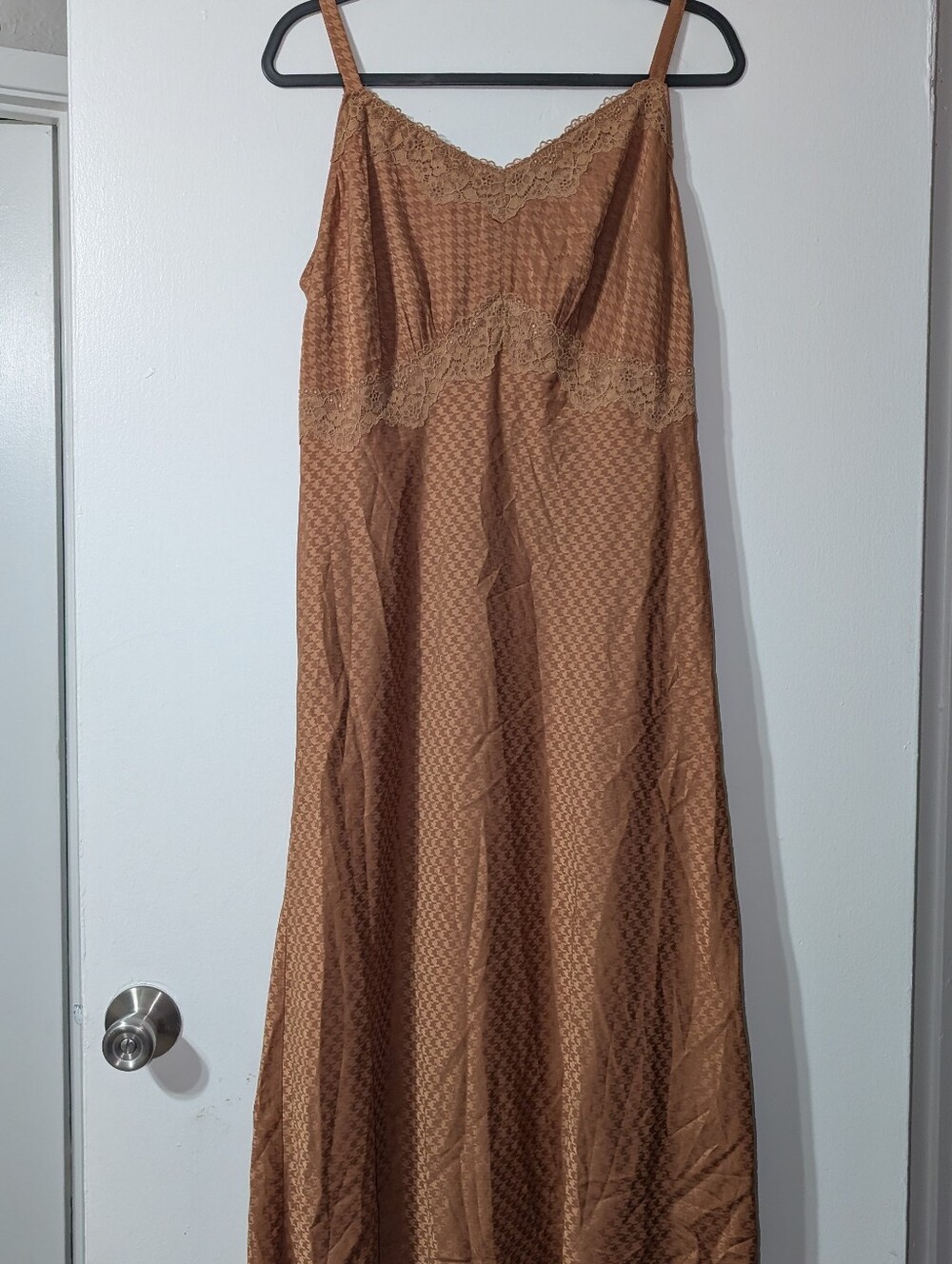 Torrid Lace-Trim Satin Slip Dress in Camel Brown
